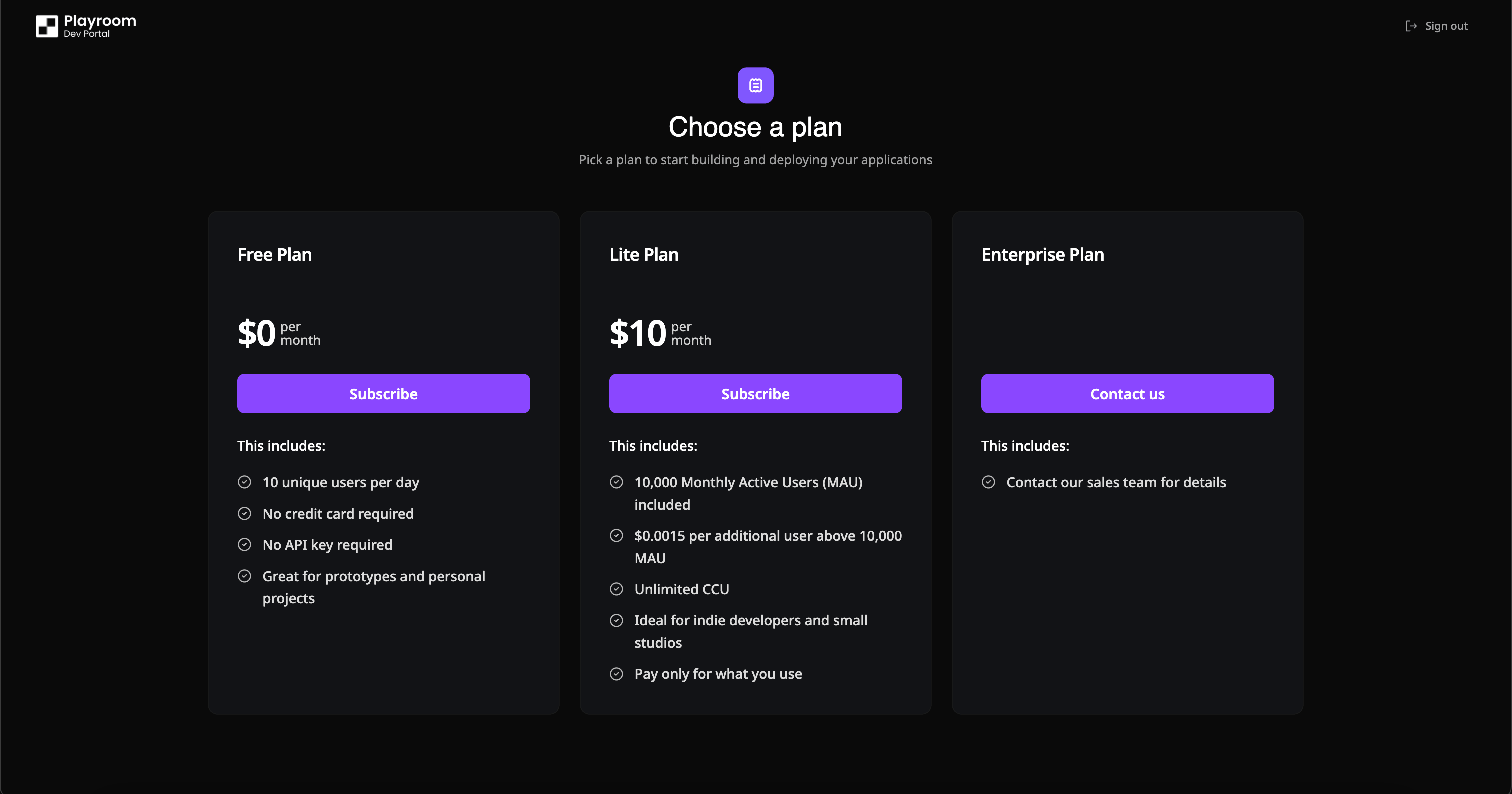 Playroom pricing — choose a plan