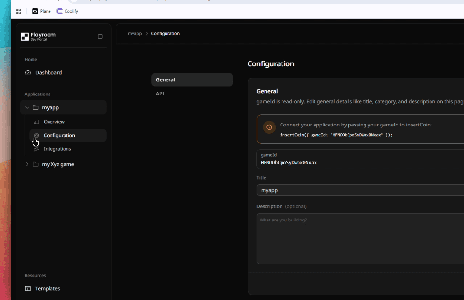 Configuration page — copy your gameId